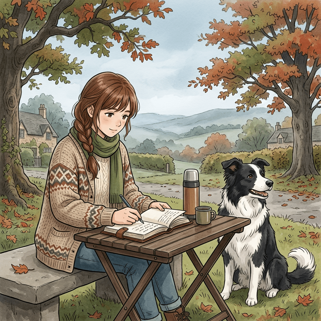 Woman writing in journal at wooden table outside with dog and autumn trees