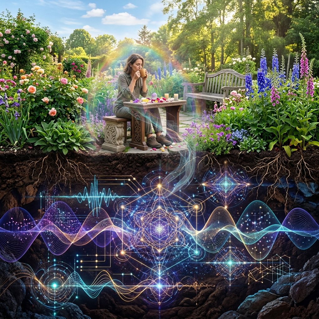 Woman drinking coffee at altar, quantum ghost overlay