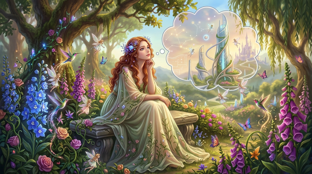 Everyday garden scene, fantasy thought bubble, fairies flying