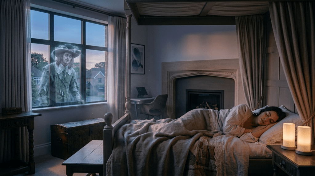 A ghostly man in 17th-century attire stands by a window inside a dimly lit bedroom with a woman sleeping in bed.