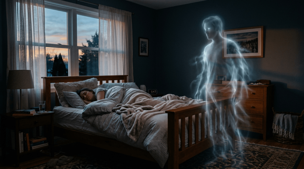 Glowing translucent figure rising from a person sleeping in bed in a dimly lit bedroom