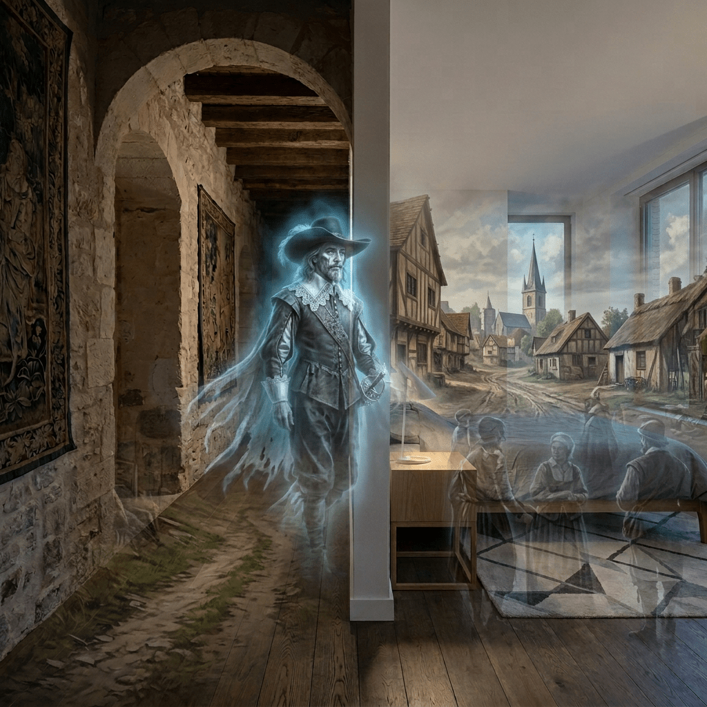 Ghostly woman in vintage dress floating in hallway between stone walls and modern bedroom