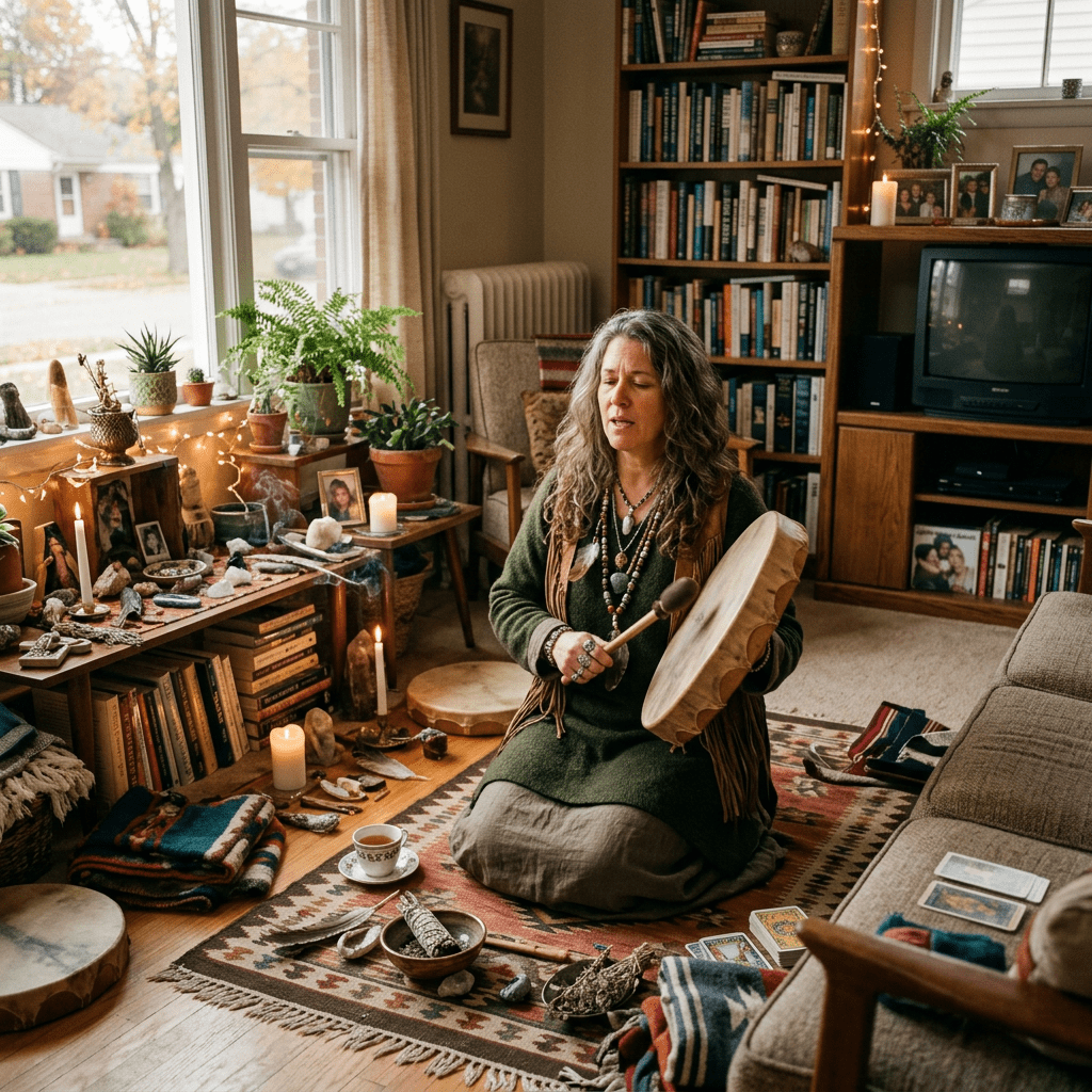 Woman practicing shamanism in ritual-filled middle-class lounge