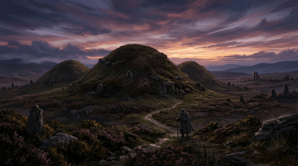 Person walking toward grassy burial mounds at sunset with dramatic clouds