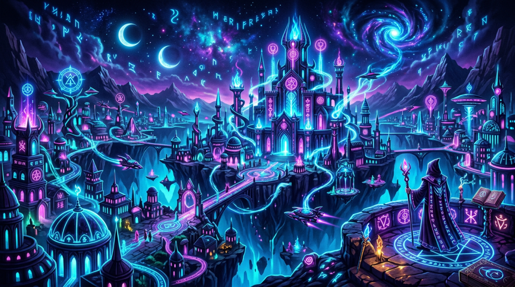 Wizard overlooking a luminous fantasy city with magical runes and twin moons