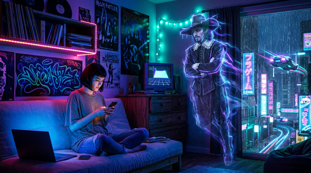 Young woman seated on a couch using her smartphone in a neon-lit room with a floating holographic figure.