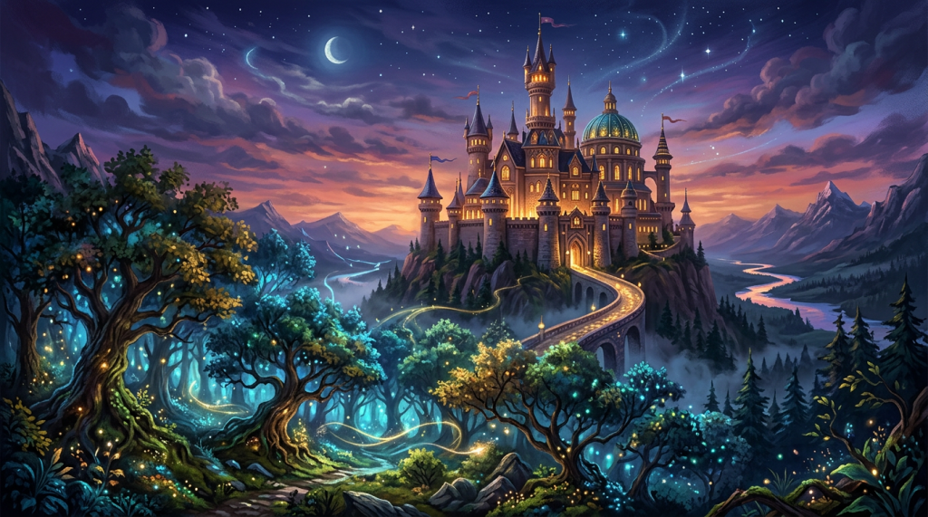 Enchanted castle glowing above a magical forest beneath a crescent moon